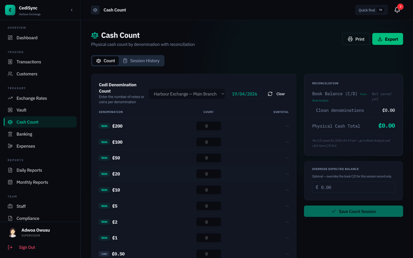 CediSync cash count screen with cedi denomination breakdown and reconciliation panel